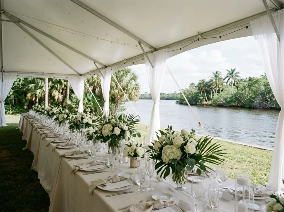 Illustration of a table of white floral centerpieces and glassware under a white tent beside a river in South Florida