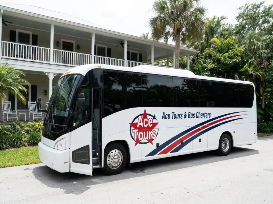 Illustration of a white Ace Tours & Bus Charters coach waiting with its door open beside a historic inn with a wide porch in Stuart, Florida