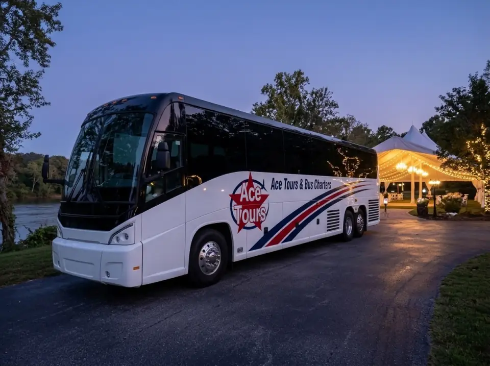 Illustration of a white Ace Tours & Bus Charters motorcoach parked on the drive of a riverside wedding venue at dusk, warm lights glowing in a white tent