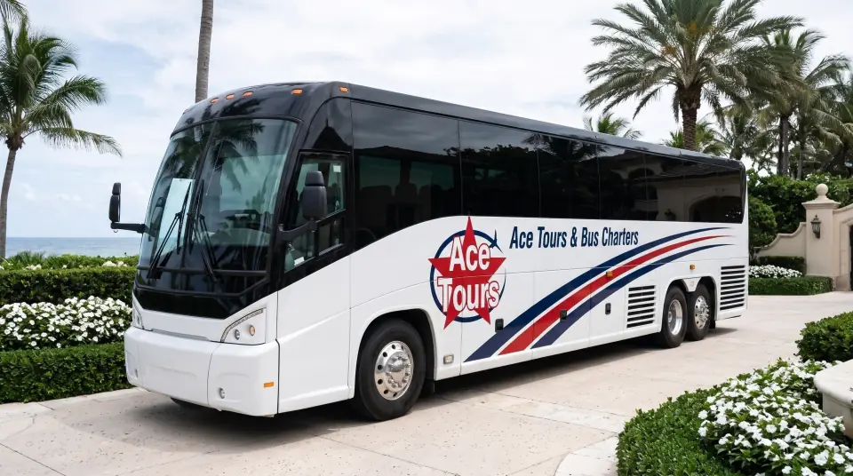 Illustration of a white Ace Tours & Bus Charters motorcoach parked at an elegant oceanfront estate venue in Palm Beach with manicured hedges, white flowers and royal palms