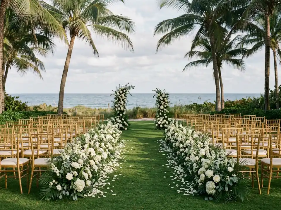 Illustration of a white floral aisle and rows of empty gold chairs on a lawn facing the ocean under palms
