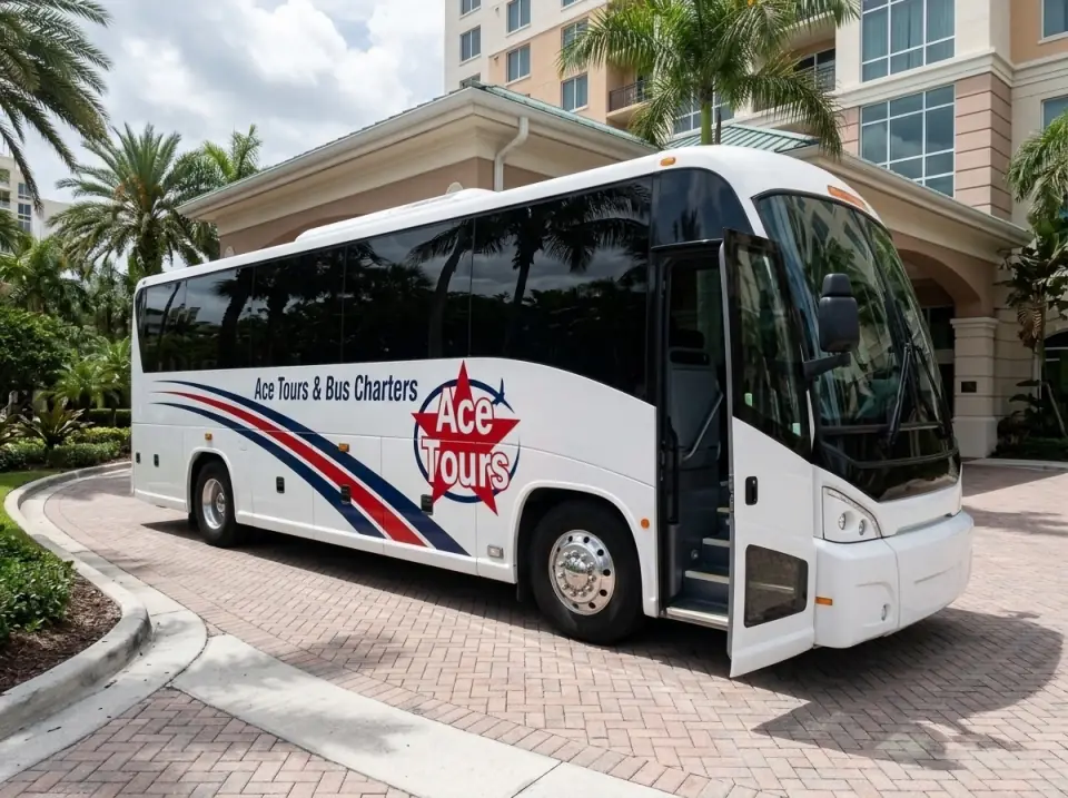 Illustration of a white Ace Tours & Bus Charters coach waiting with its door open at a downtown West Palm Beach hotel entrance with palms