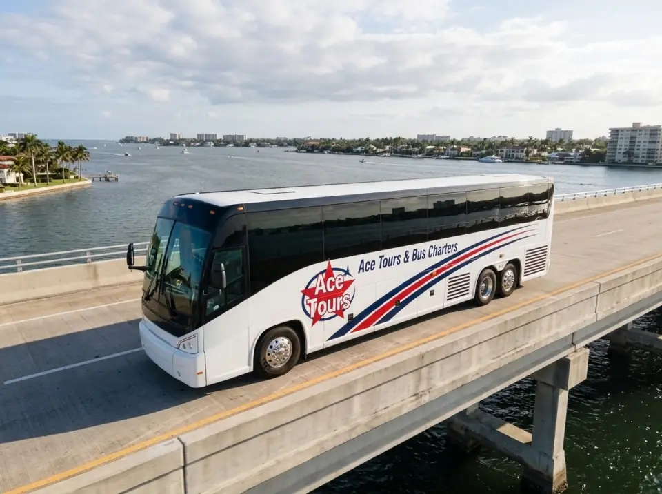 Illustration of a white Ace Tours & Bus Charters motorcoach crossing a bridge over the Intracoastal Waterway to Palm Beach in the late afternoon, seen from a low drone angle