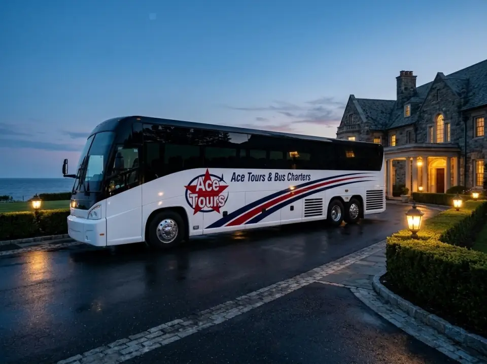 Illustration of a white Ace Tours & Bus Charters motorcoach parked on an oceanfront estate venue drive at dusk, lanterns glowing along the hedges
