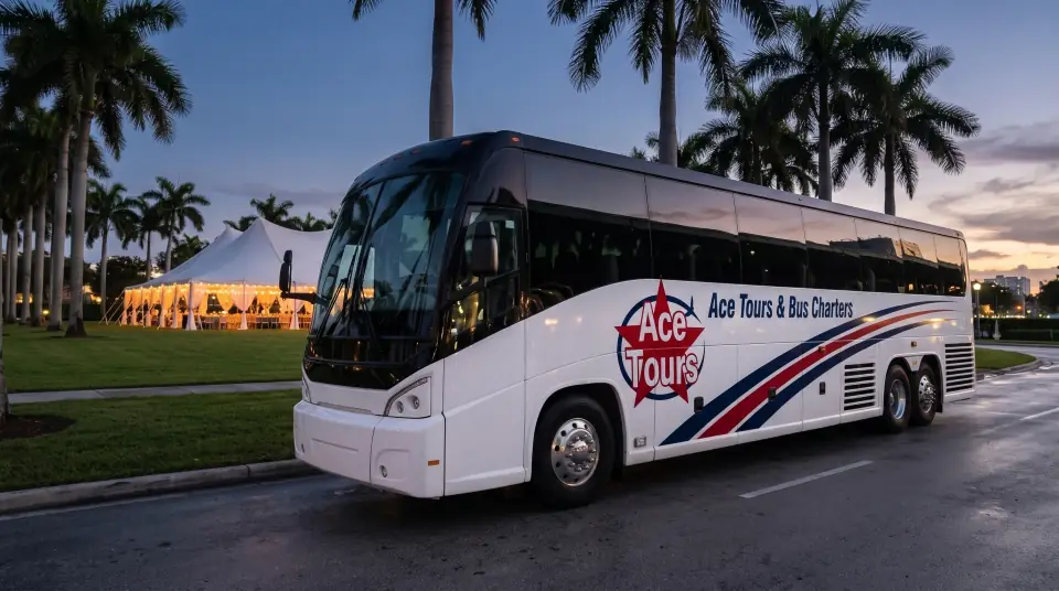 Illustration of a white Ace Tours motorcoach parked beside a palm-lined event lawn in Miami at dusk, a white tent glowing behind it